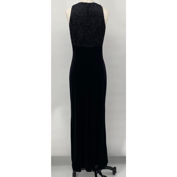 Vintage 90s Beaded Velvet Burnout Maxi Dress Gown High Neck Empire Waist Black 2 - Picture 7 of 9
